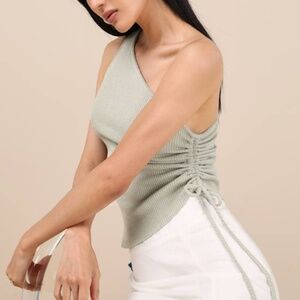 Lulus Cassara Sage Green Ribbed One-shoulder Drawstring Tank Top - Size M